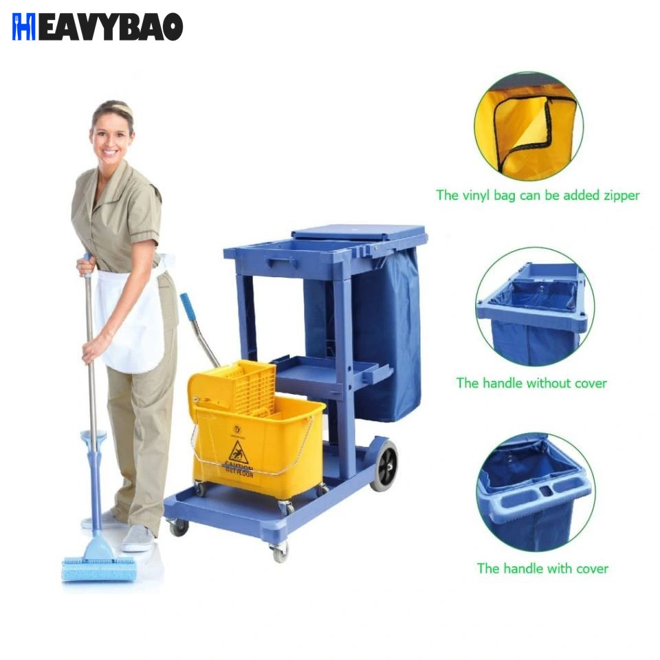 Heavybao Plastic Polyprepylene PP Cleaning Cart Housekeeping Trolley Janitor Cart with Bag