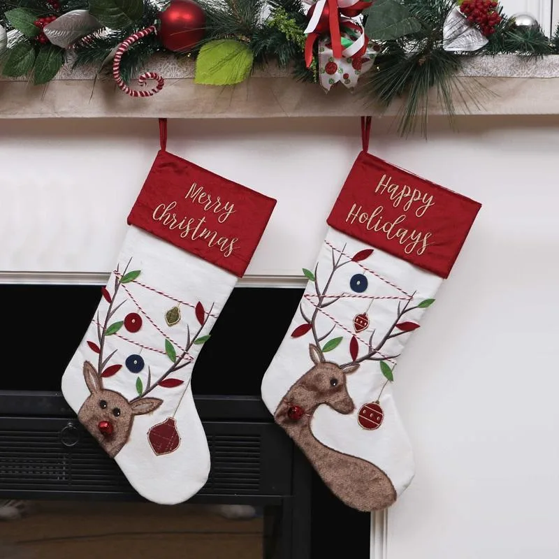 Christmas Stockings Embroidery Gift Socks Santa Snowman Candy Bag Decoration Pendant