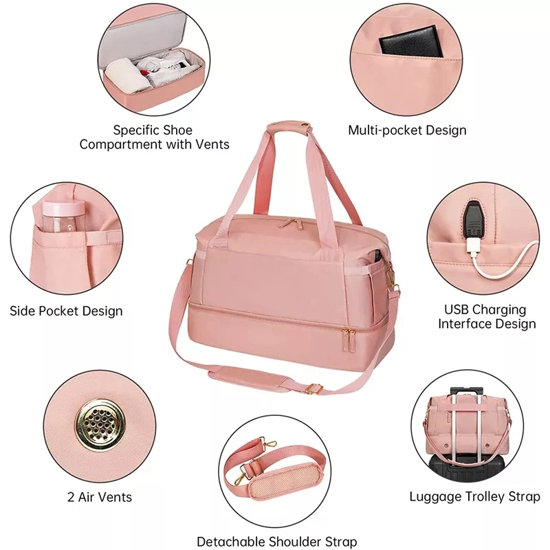 Sac de sport pour femmes avec port de chargement USB Sac de voyage de nuit Avec poche humide et compartiment à chaussures sacs de sport de voyage