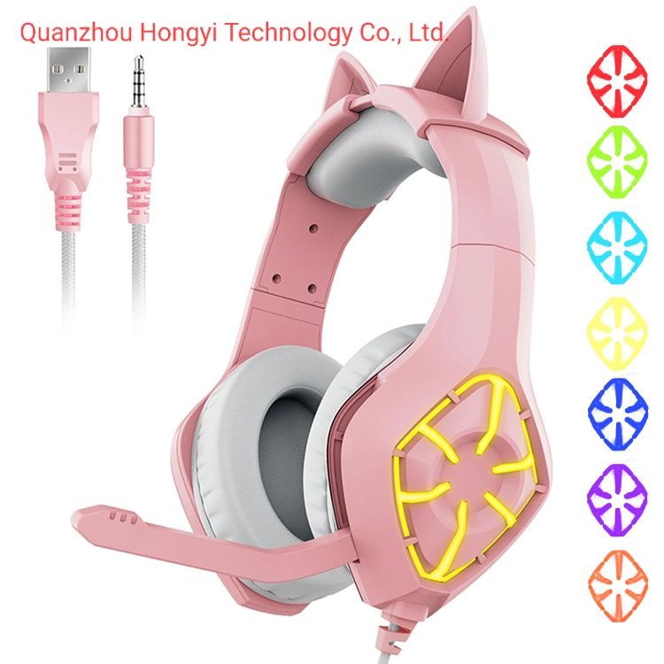 Hot Wired RGB Gaming Headset Headphone Over Game Headset Pink Cat Ear Headphones