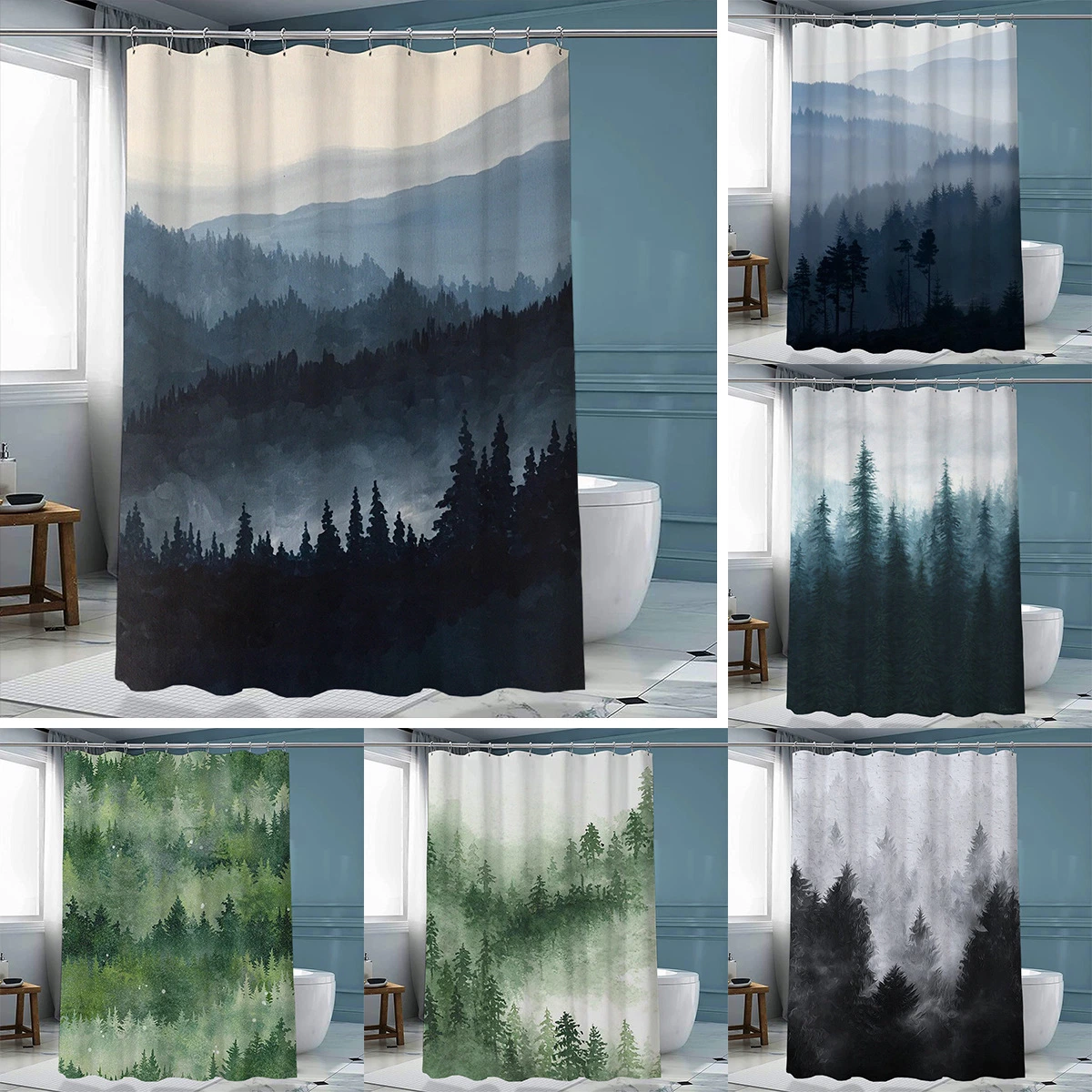 Chinese Landscape Painting Black and White Forest Polyester with Hook Shower Curtain