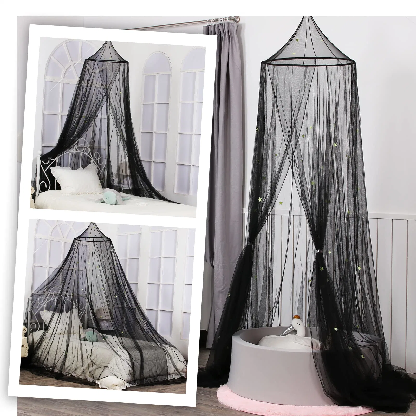 Glowing Stars Bed Canopy Meninas Bege Cortinas de Cama Princesa Mosquiteiro