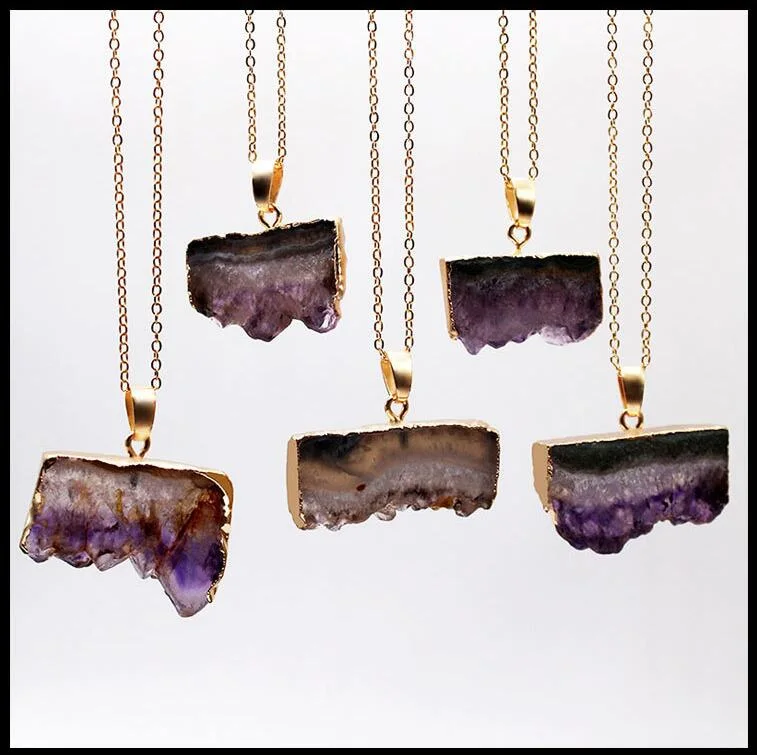 Natural Crystal Pendant Amethyst Pendant Natural Stone Electroplating Edging DIY Necklace Accessories