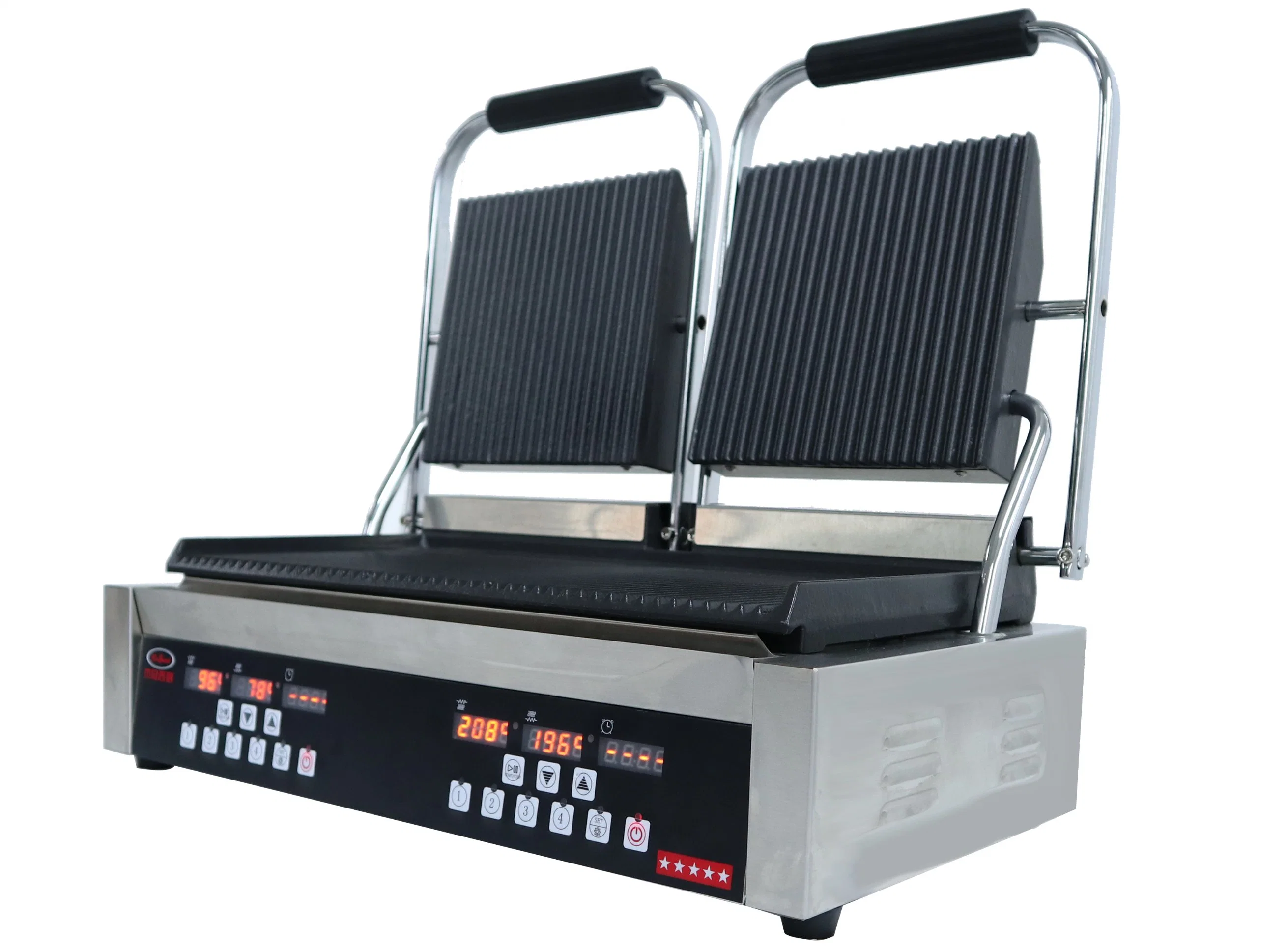 Double Plate Electric All Grooved Commercial Panini Contact Grill with Digital