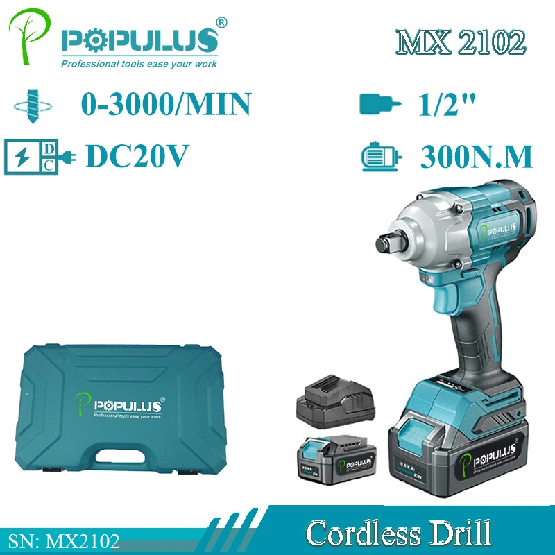 Populus Industrial Quality 20V Cordless Rechargeable Lithium Wrench 1/2" 3000bpm Impact Rate Electric Brushless Impact Wrench Cordless Wrench