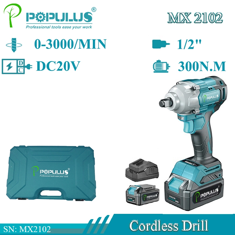 Populus Qualidade Industrial 20V Chave de Lítio recarregável sem fios 1/2" 3000bpm Taxa de impacto chave de impacto sem escovas elétricas chave sem fio