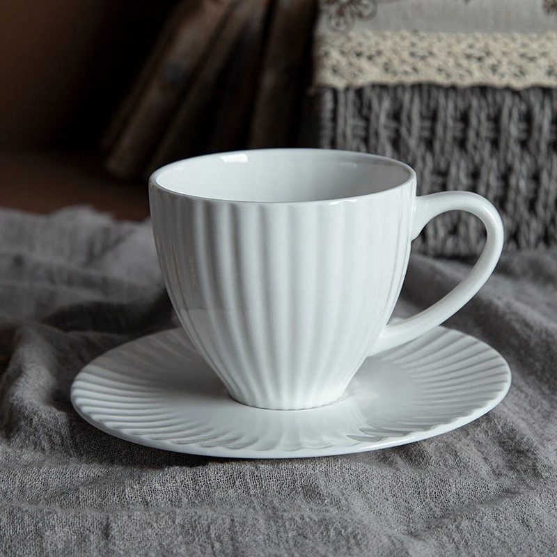 Hot Selling Embossing White Bone China Tea Cup and Saucer Set