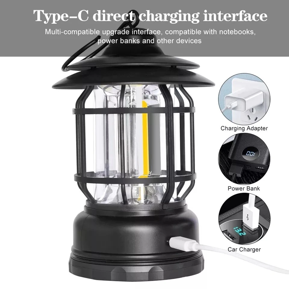 Retro LED Camping Lights USB Rechargeable Portable Hanging Lantern Atmosphere Night Light Hiking Fishing Tent Outdoor Lighting