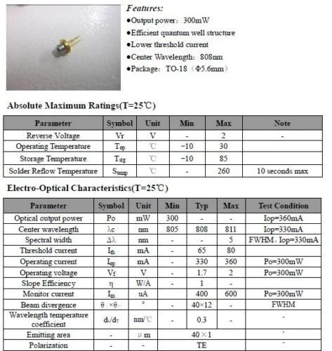 DIY/Laboratório IV de infravermelhos φ 5.6mm 808nm, 300MW Laser Diodo Lazer (Nova)