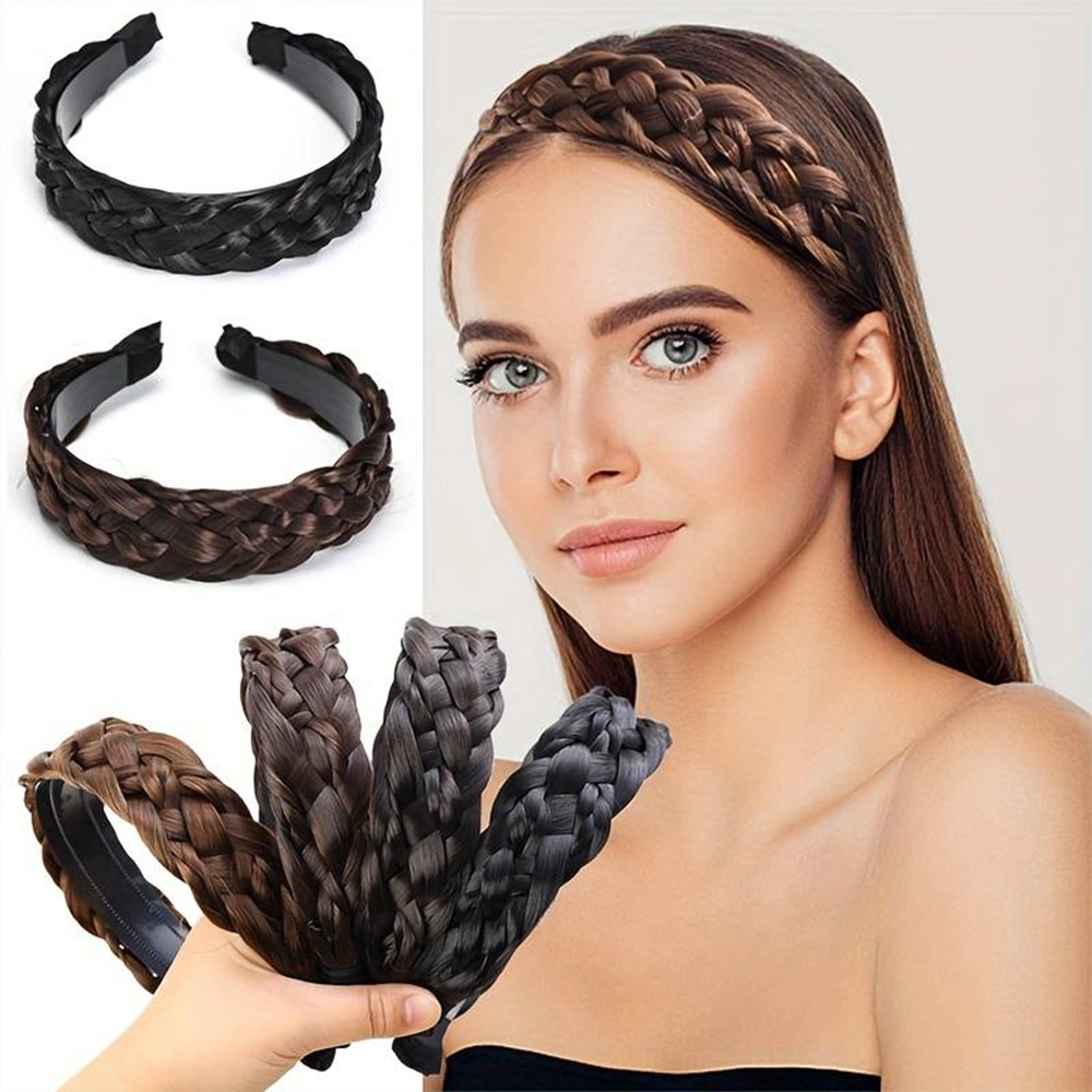 Female Wig Natural Hair Braided Headband Non Slip Wide Brimmed Braid Wig