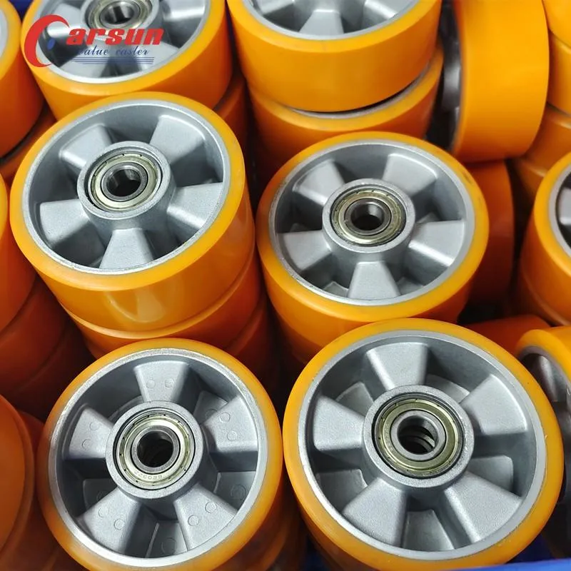 Yellow 5 Inch Double Ball Bearing Wheel Trolley Wheel Aluminium Core PU Industrial Heavy Duty Caster Wheels