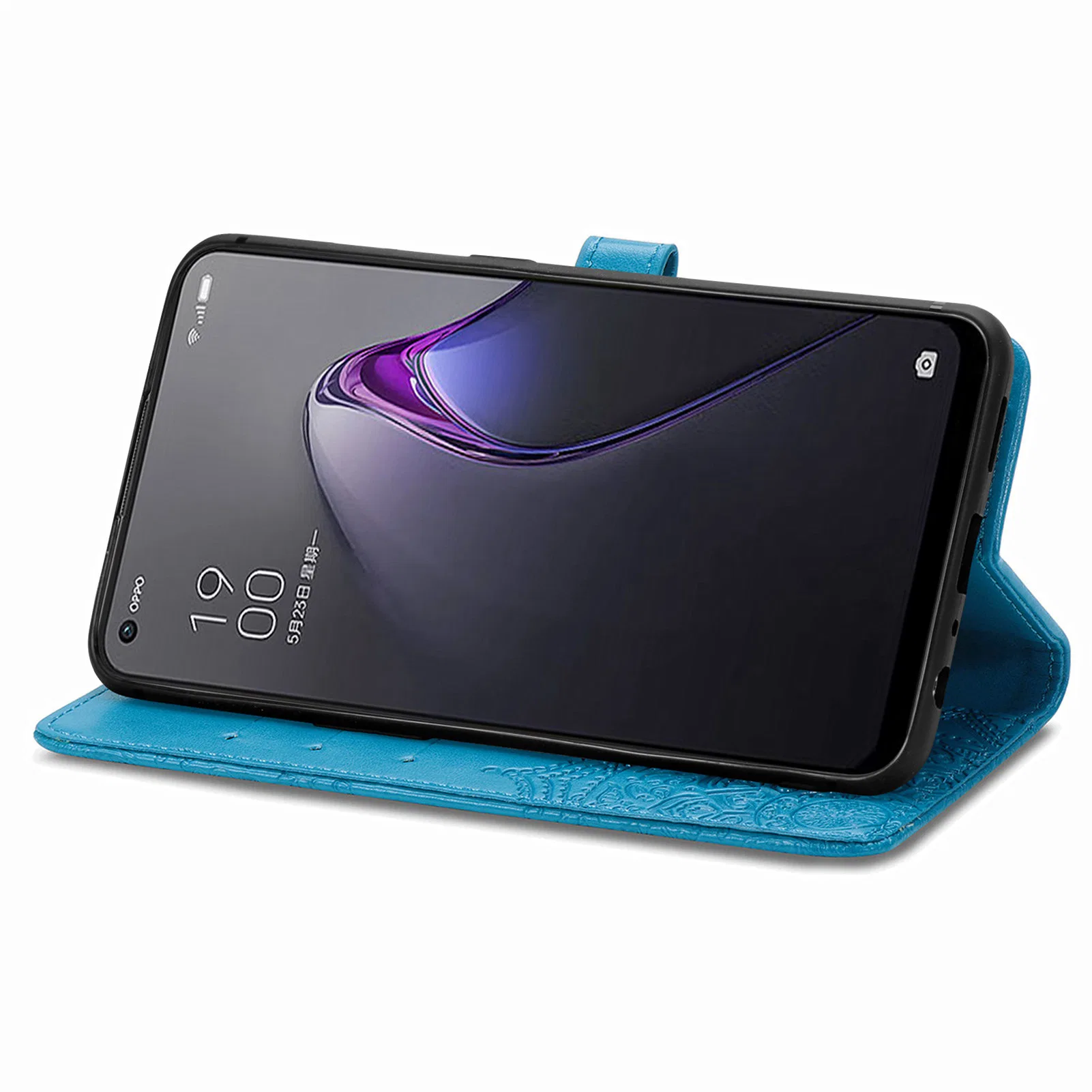 Para el Oppo Reno8 5g (Versión Global) grabado el patrón de Mandala Tapa de cierre magnético Teléfono Shell Monedero de cuero estilo Libro de Stand Up Flip Phone Case - Azul