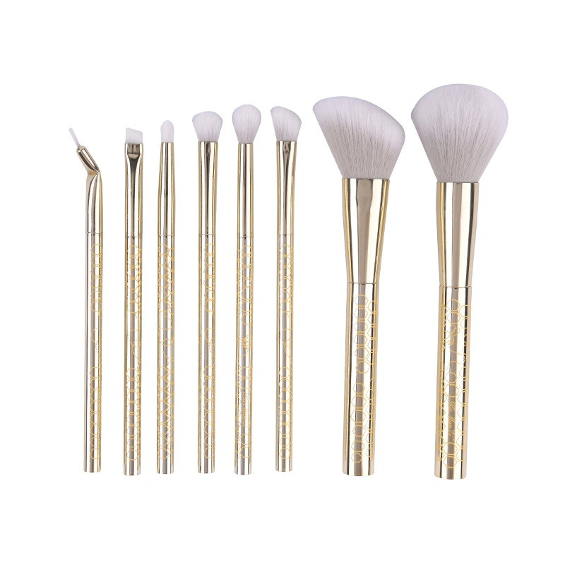 Complete Set of 8 Makeup Brushes with Aluminum Tube Electroplating Plastic Handle