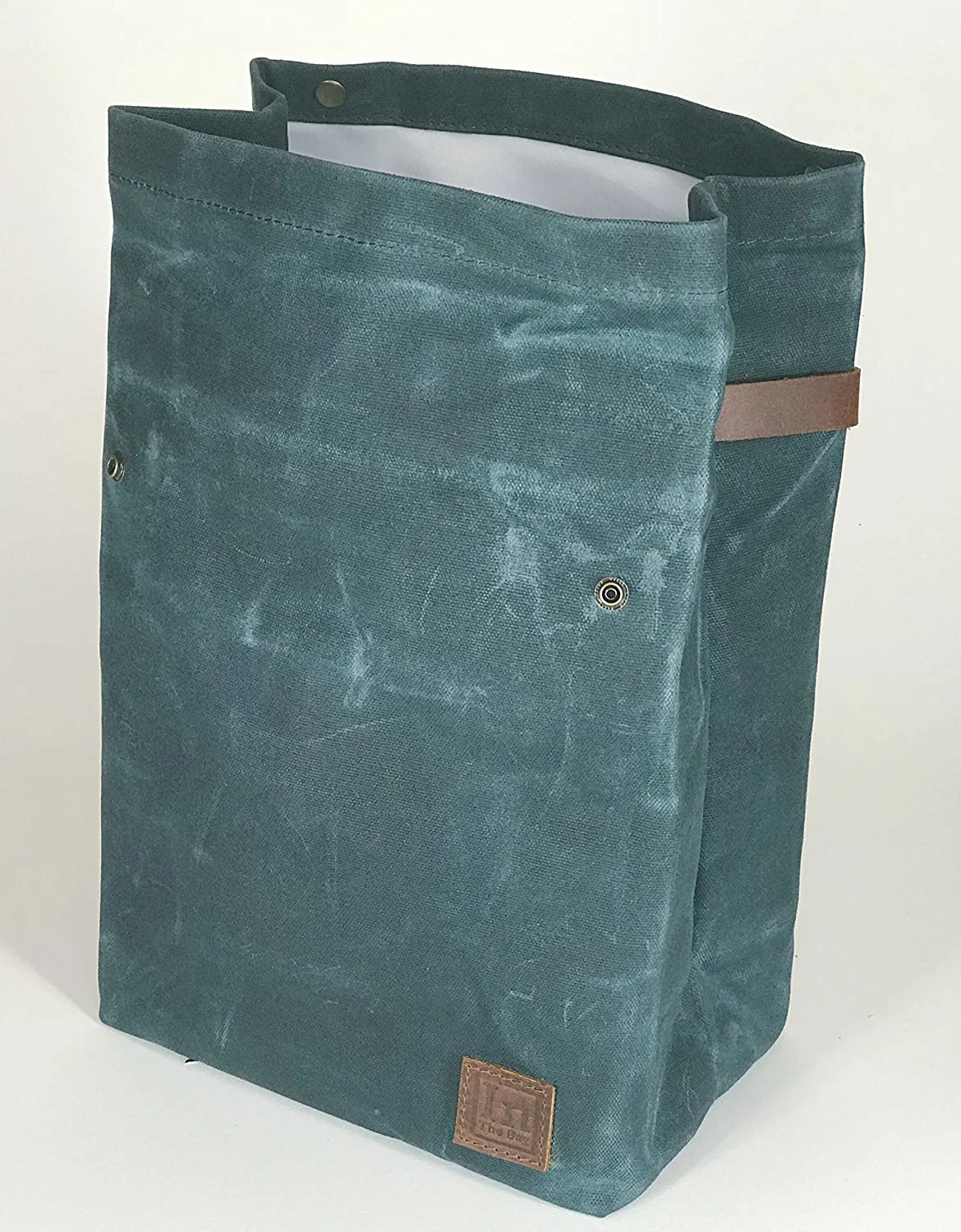 Lunch Bag Box Large Lined Waxed Canvas Roll Top Tote Bag with Leather Handle and Brass Snap Closure