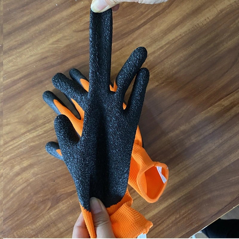 Knitted Polyester Nylon Wrinkle Latex Coated Rubber Working Safety Gloves Construction Garden