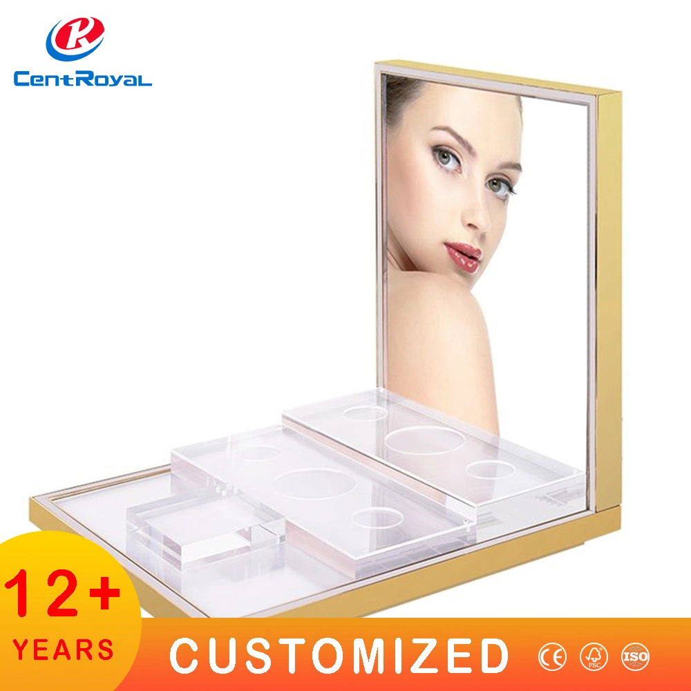 Support de maquillage en acrylique avec LED personnalisé haut de gamme, présentoir de rangement pour cosmétiques en acrylique pour magasin de détail, design de comptoir, présentoir pop pour parfums.