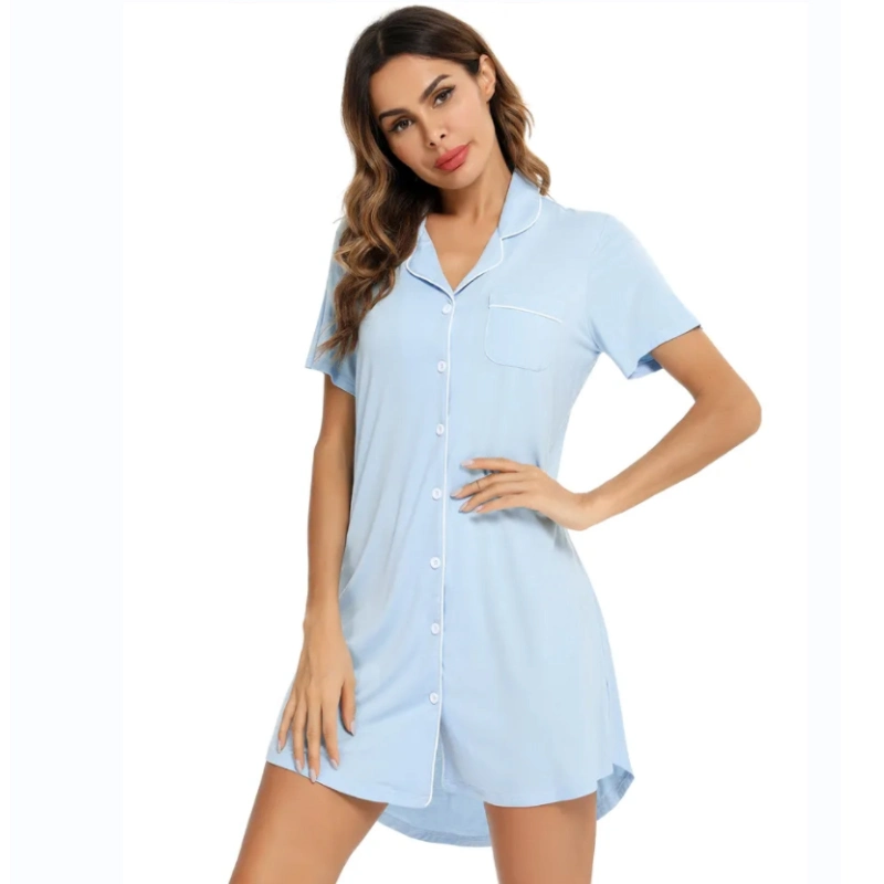 Lady Nightdress Short Sleeve Pajama Breathable Bamboo Fiber Sleep Dress