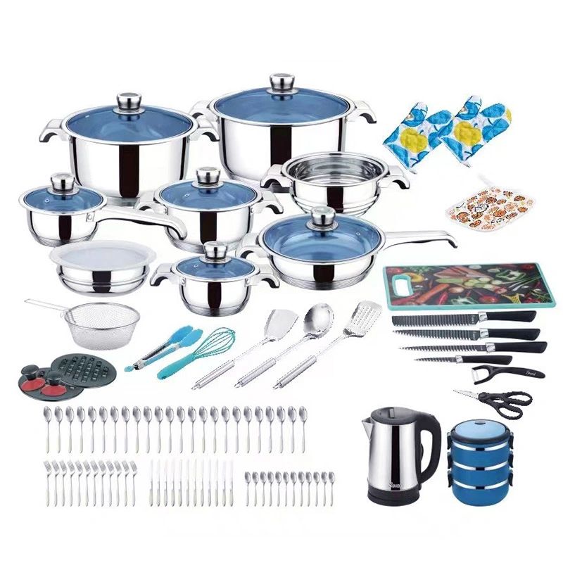 Fábrica Venta en caliente Alta calidad 102PCS tapa de vidrio azul cocción Juego de utensilios de cocina de acero inoxidable para Sudáfrica Herramientas de cocina de mercado