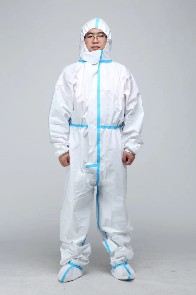 Type 4/5/6 Disposable Medical Laminted Coverall with Boots Knitted Cuff Flap Overall