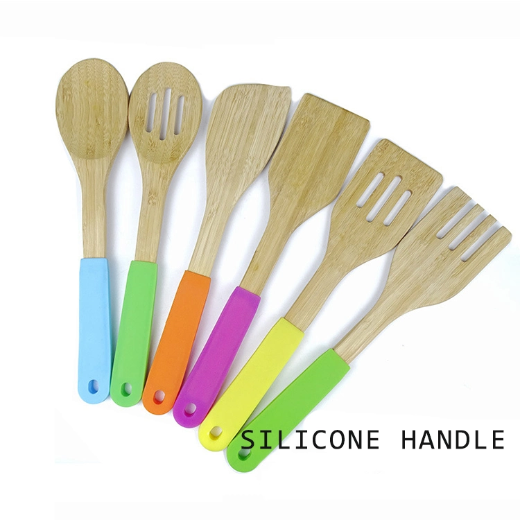 6 PCS Kitchenware Home and Kitchen Cooking Accessories Silicone Bamboo Utensils Set with Silicone Handle