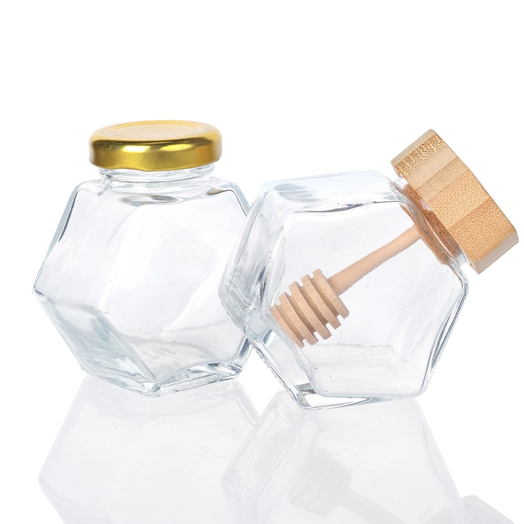 3oz 6oz 8 oz 12oz Mel Sextavada Jar Pot De Miel vazio de vidro claro jarra de mel com braço de escavação de madeira