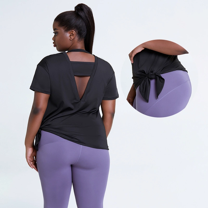 4XL Activewear Plus Size Workout Clothing Side Split Open Back Yoga Women Fitness Tops Gym Sport T Shirt