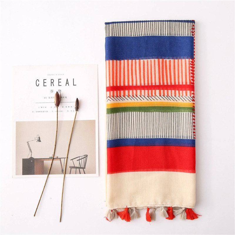 fashion Striped&#160; Tassels Shawl Grid Geometrics&#160; Muffler Colorful&#160; Hijab Boho Spring Summer Scarf