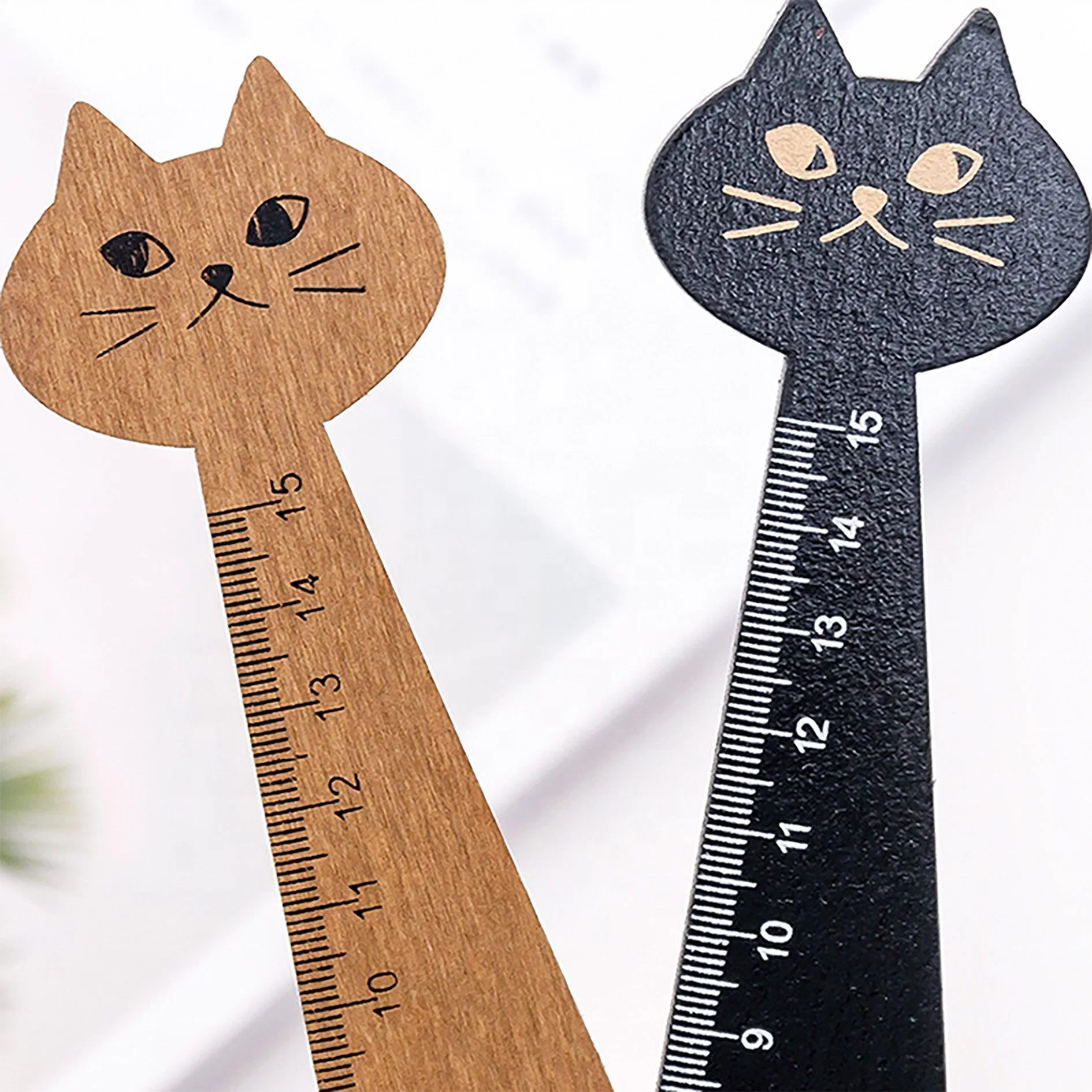 School 15cm Scale Cartoon Kawaii Cat Shape Solid Wood Measuring Ruler for Kids