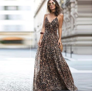 High quality/High cost performance  Popular Leopard Print V-Neck Strap Dress Long Skirt