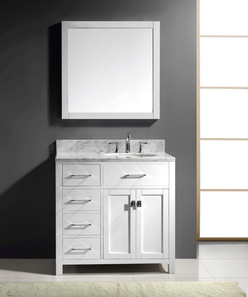 60 Inch Grey Color Floor Mounted Double Sinks Framed Mirror Marble Top Four Doors Foor Drawers Solid Wood Bathroom Furniture Vanity Cabinet