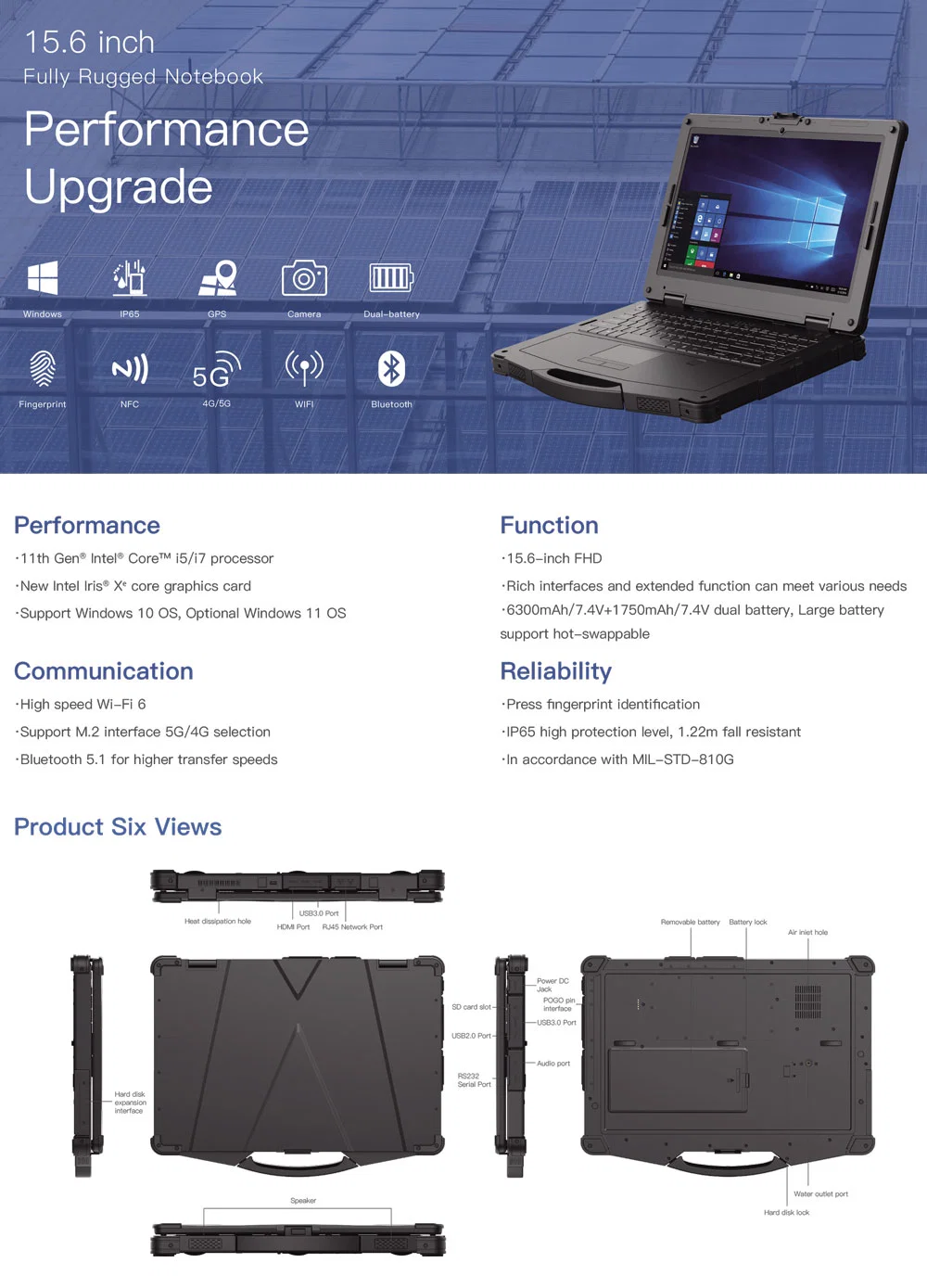 Mil-Std-810g Certified 15.6 Inch LCD Display Windows 10 Waterproof Fully Rugged Notebook Industrial Tablet PC Computer with GPS