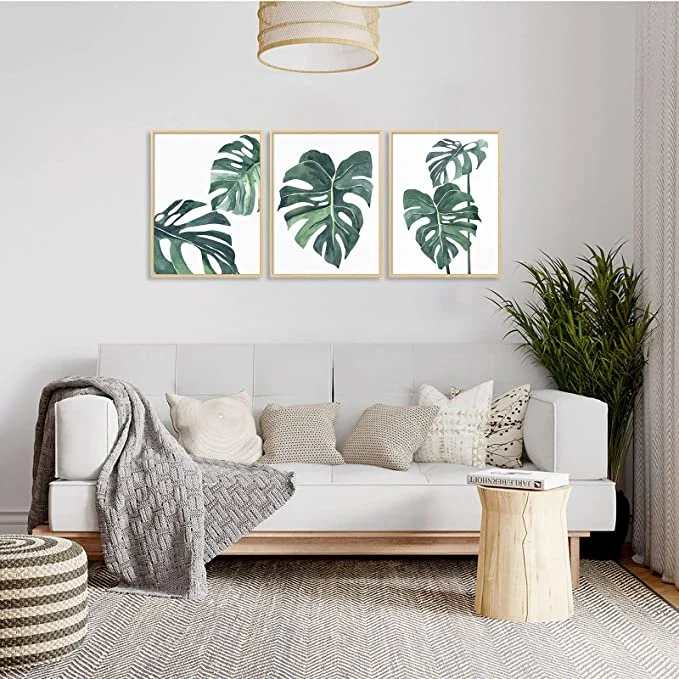 Wholesale/Supplier 3 Panels Wooden Color Floating Frame Wall Art Green Bitanical Plant Ready to Hanag Canvas Painting Living Room Dining Room Bathroom Decor