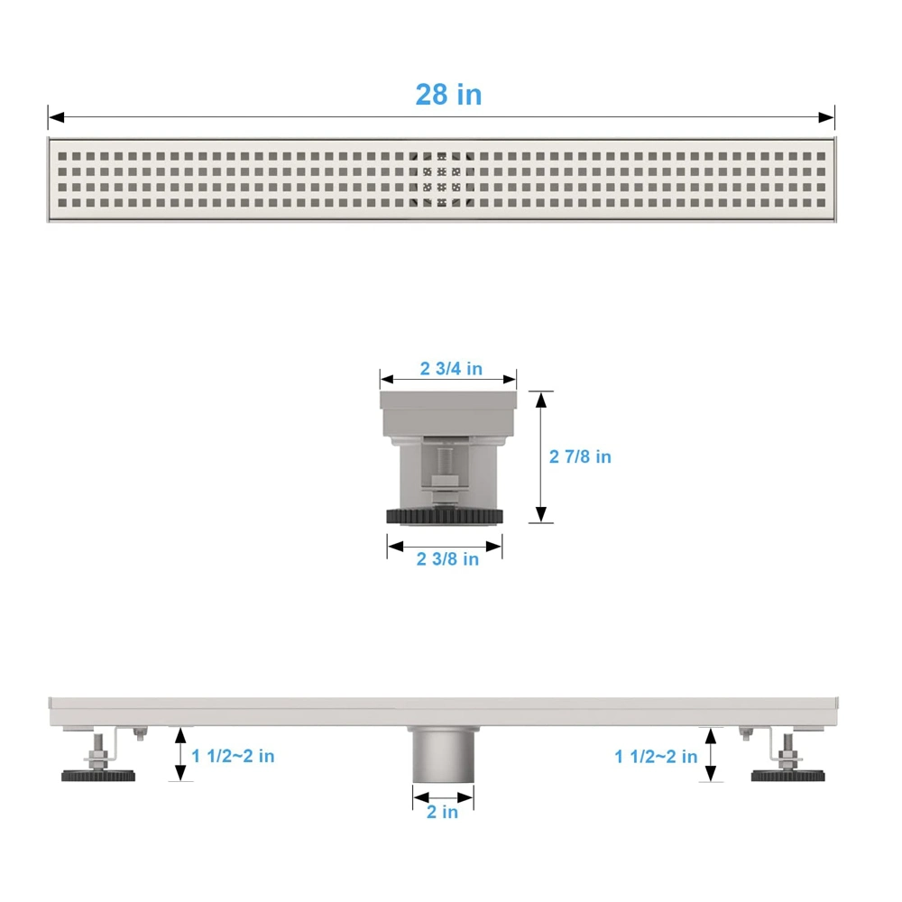 24 Inch Shower Linear Brushed Drain Rectangular Floor Drain with Accessories Square Hole Pattern Cover Grate Removable SUS304