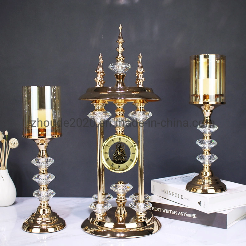 Light Luxury K9 Crystal Pagoda Top Desktop Clock Gold Silver Metal Candle Holder Set for Home Wedding Decor