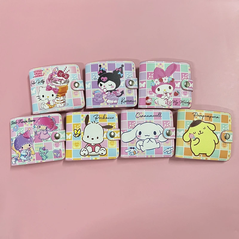 Ruunjoy New PU Sanrio Wallet Casual Short Kt Cinnamoroll Dog Kuromi Purse Card Wallet with Button Anime Coin Bank Card Storage Bag