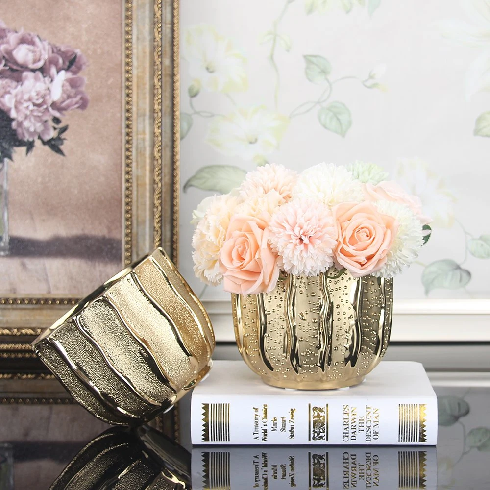 V099B Home Decor Luxury Gold Vase Decoration Wedding Centerpieces Ceramic Flower Pot Porcelain Plant Planter