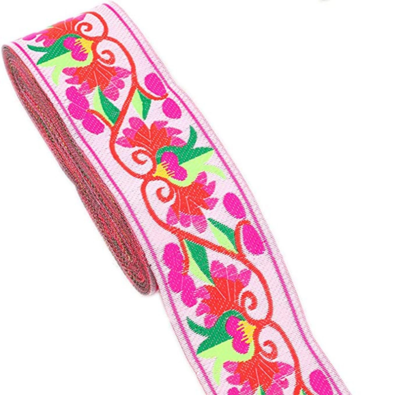 Hot Sale Custom Logo Polyester Woven Floral Pattern Jacquard Ribbon Embroidered Fabric Trim Fringe for Garment Accessories