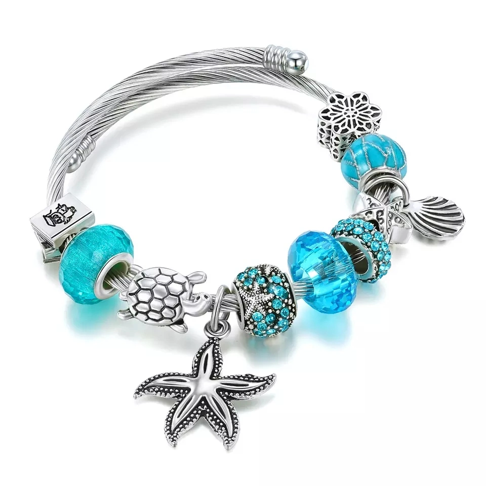 Elegante pulsera de acero inoxidable de la playa de bricolaje Charms pulsera para dama con abalorios de cristal Precio al por mayor joyería artesanal