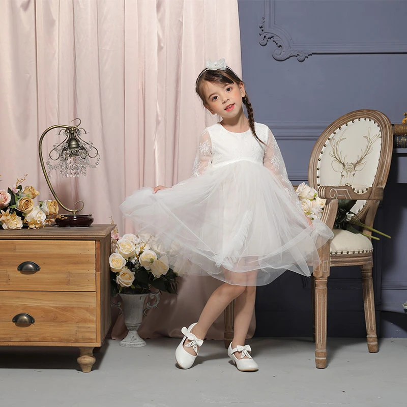 Long Sleeve Kids Wears Flower Tutu Dresses Baby Girl Wedding Dress