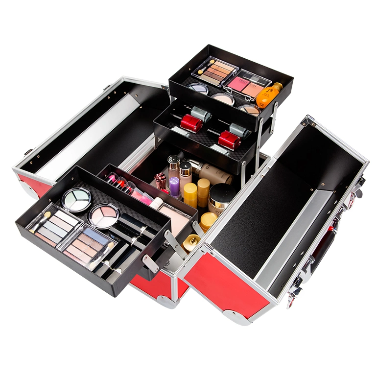 Professional Muti-Function Makeup Train Case Professional Aluminum with 6 Tier Tray and Brush Holder