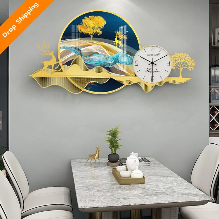 Horloge murale créative Décoration de salon Cerf Nordic Lumière Luxe Art métallique