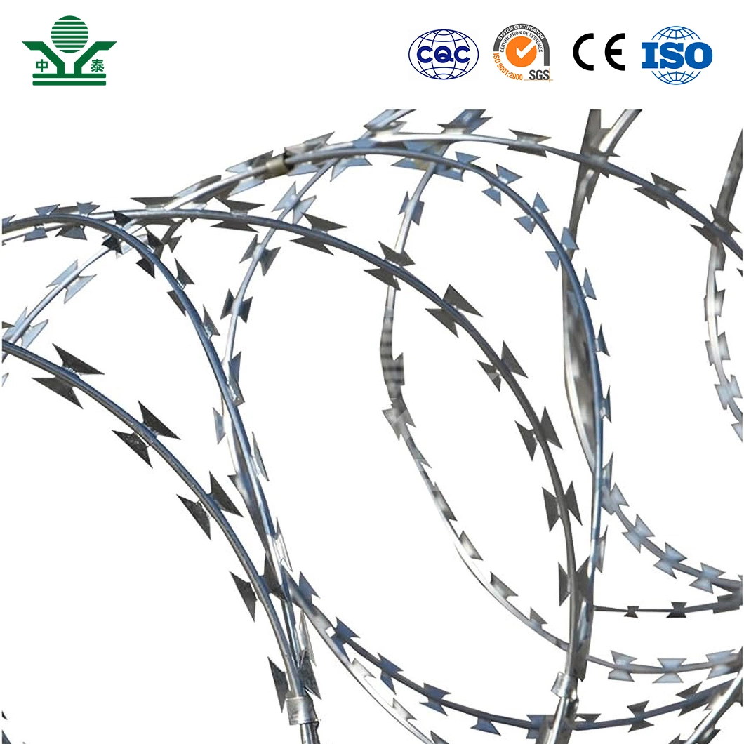 Zhongtai galvanizado arame farpado bobina China fábrica 50 polegada bobina Diâmetro fio de arame de barra espiral utilizado para vedação de segurança de aço galvanizado