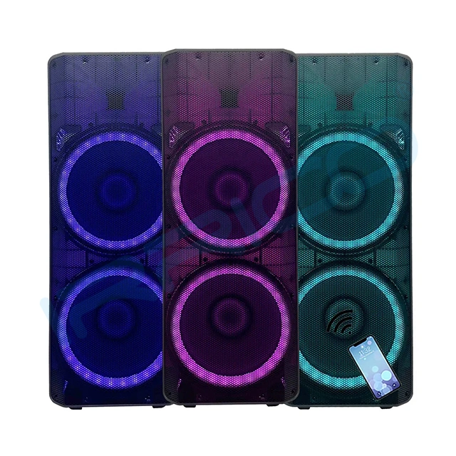 Iluminación LED portátil completamente translúcida 2000W subwoofer doble de 15" PA Sistema de altavoces Karaoke Set Sound Box Party Outdoor Bt TWS Altavoces bocina