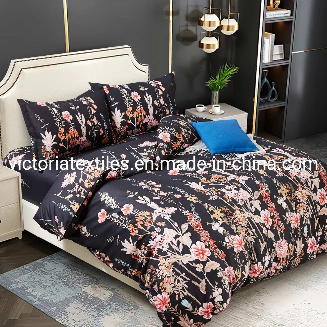 Floral Printed Black Background 1000tc Microfiber Bed in a Bag Bedding Sheet Set