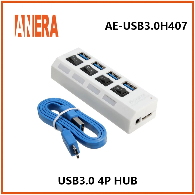 Anera Factory Direct High Speed New Design 4 Ports USB3.0 Hub with Individual Switch 5gbps Portable Compact with Cable