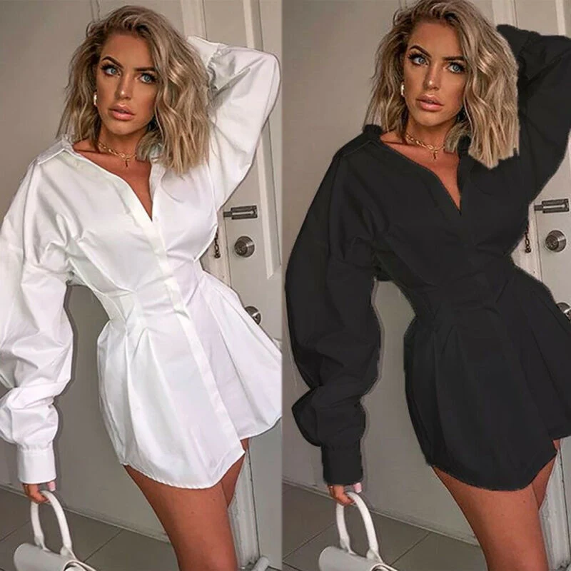 Office Lady Women Femal Ladies Long Sleeve Deep V Shirt Dress