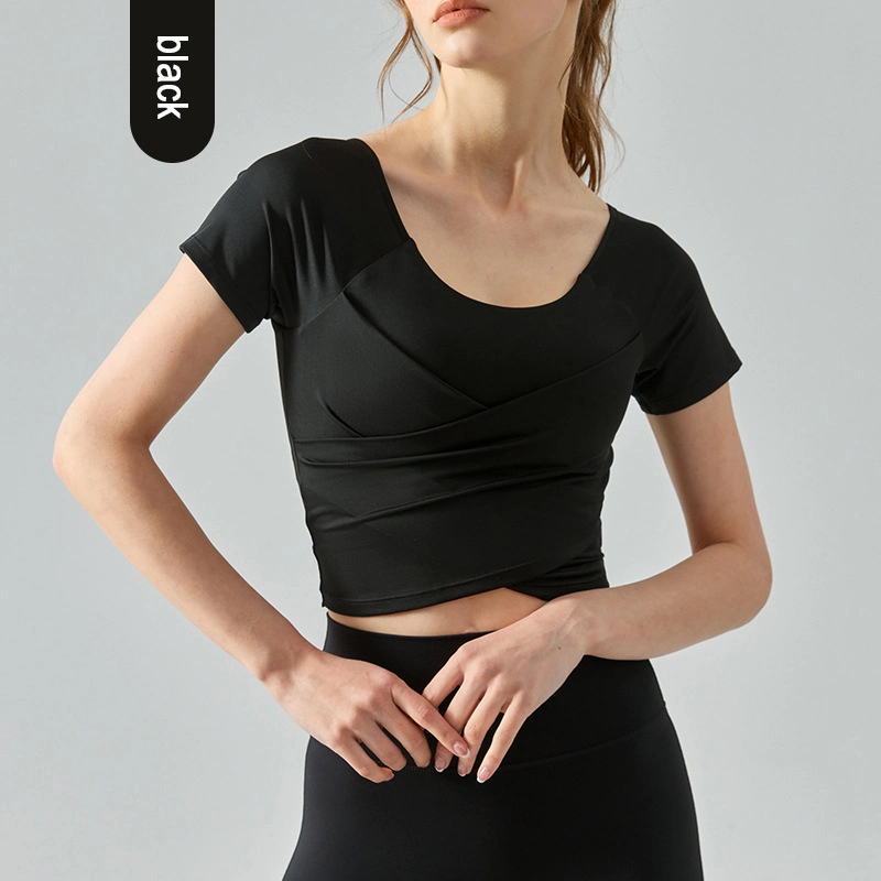 Women's Cross Pleated Yoga Top Slim Fit Sports Short Sleeve with Chest Pad High-Quality Yoga Fitness Top