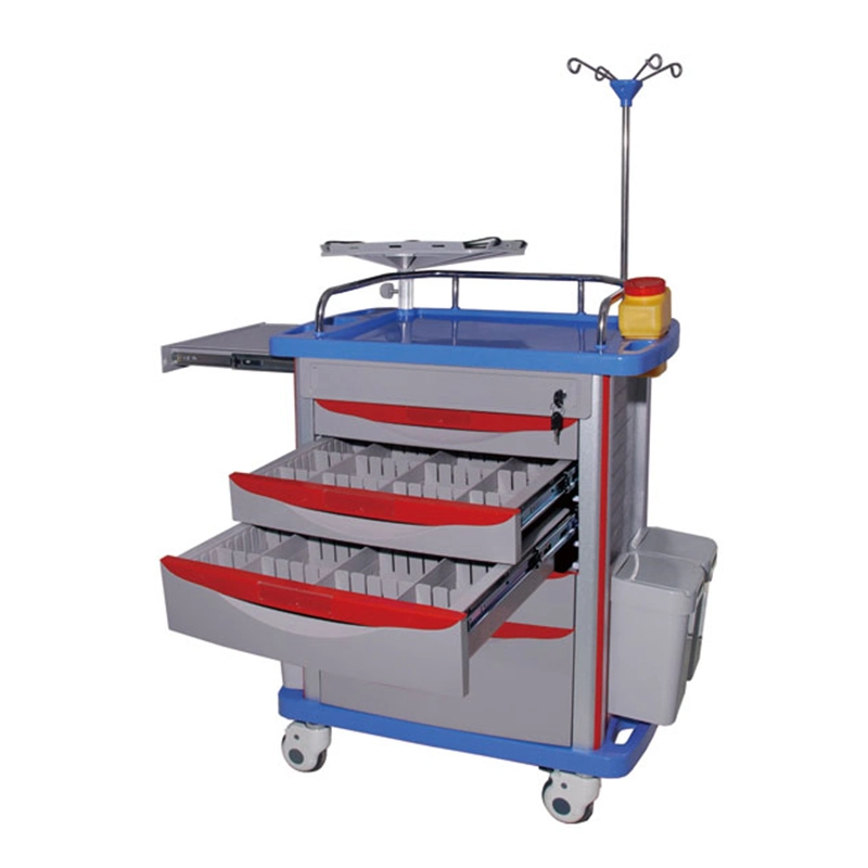 Hospital ABS Emergency Cart with Different Height Slot Drawers and CPR Board Cable Holder