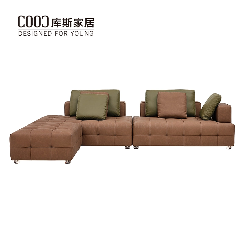 Home Lounge Living Room Furniture Modern Design Leisure Couch Set Genuine Leather L Shape Sectional Modular Corner Sofa with Tufted Finish