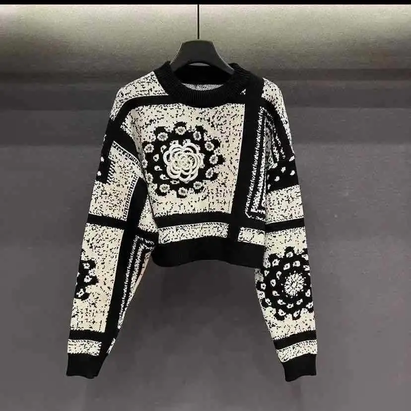 Geometric Pattern Hand Made Beading Knitwear Jumper Winter Thick Ladies Sweater Pullover